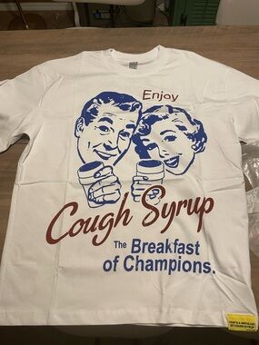 Awful lotta  Cough Syrup Graphic Tee - White with Blue & Brown Print